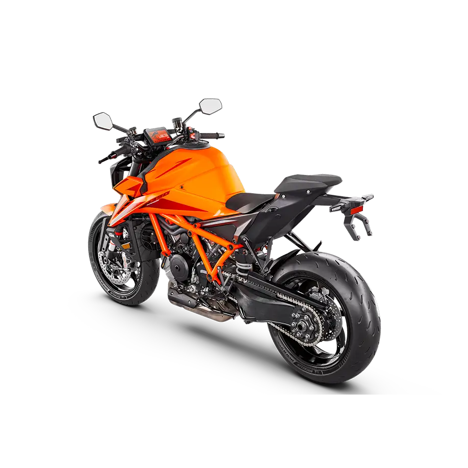 Lys orange KTM 1390 Super Duke R Evo 2025 med sorte detaljer og sporty styling