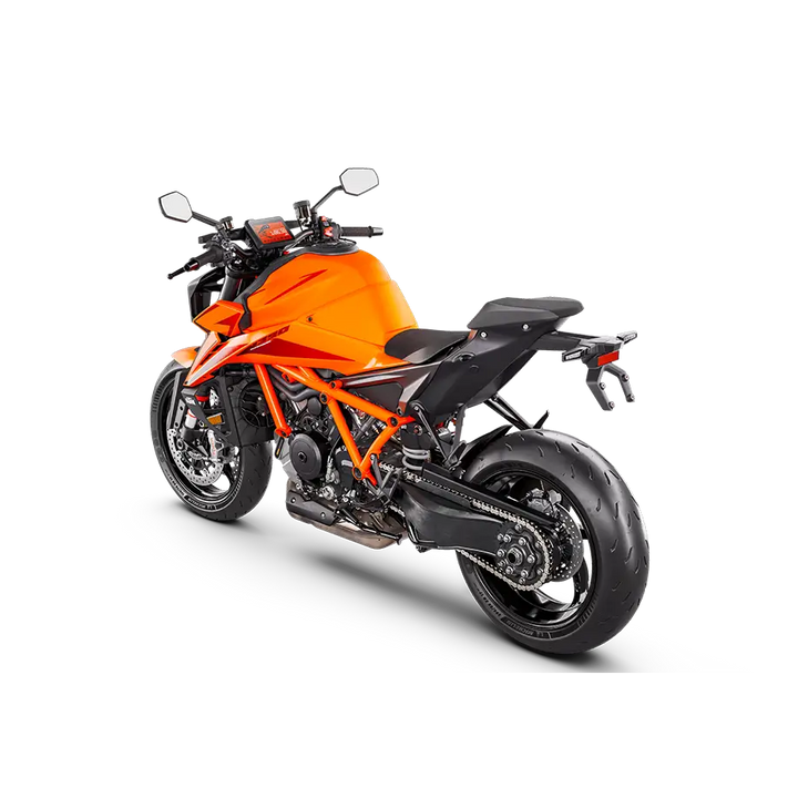 Lys orange KTM 1390 Super Duke R Evo 2025 med sorte detaljer og sporty styling