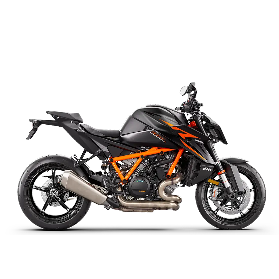 KTM 1290 Super Duke R motorcycle in black and orange with exposed trellis frame