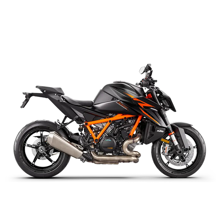 KTM 1290 Super Duke R motorcycle in black and orange with exposed trellis frame