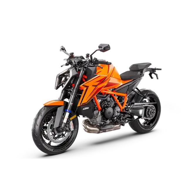 KTM 1390 Super Duke R EVO 2025 oransje med sporty design, dobbel eksos og eksponert motor