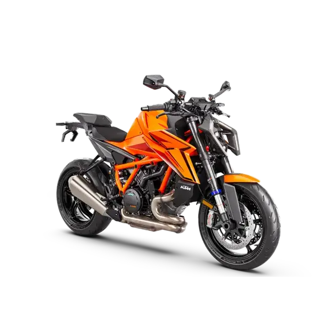 KTM 1390 Super Duke R EVO 2025 oransje med svart og oransje design, dobbel eksos