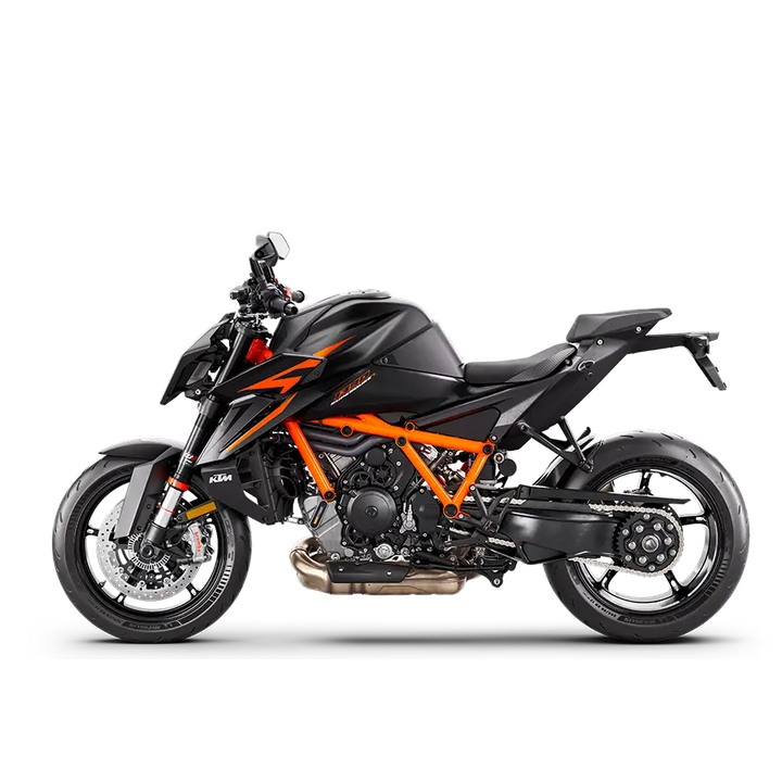 Svart og oransje KTM 1290 Super Duke R motorsykkel med skarp design i KTM 1390 SUPER DUKE R EVO 2025