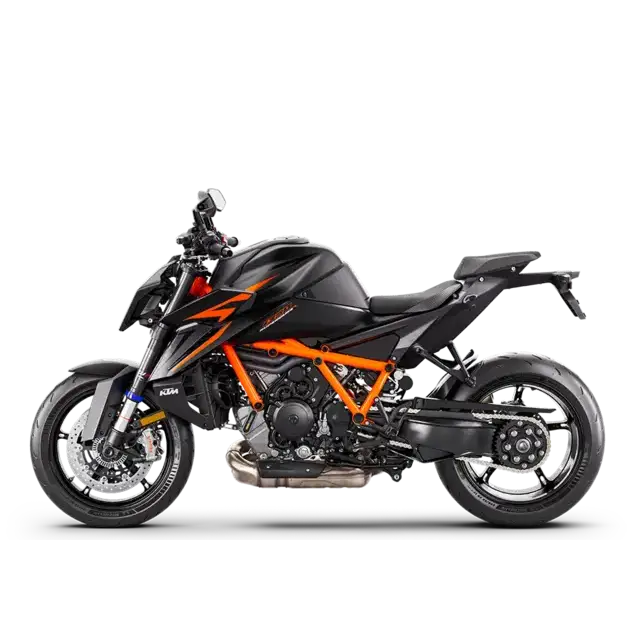 KTM 1390 Super Duke R EVO 2025 svart motorsykkel med 2019 KTM 790 Duke
