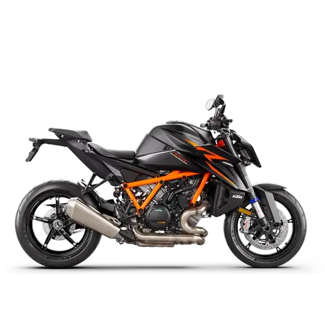 KTM 1390 Super Duke R EVO 2025 svart motorsykkel med 2019 KTM 790 Duke