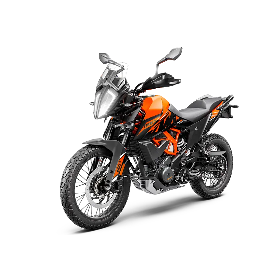 Orange og svart KTM 390 Adventure med dual-sport dekk, modell 2024 KTM 390 ADVENTURE SW