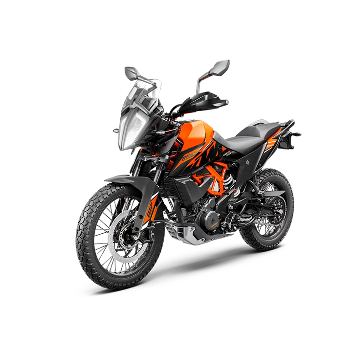 Orange og svart KTM 390 Adventure med dual-sport dekk, modell 2024 KTM 390 ADVENTURE SW