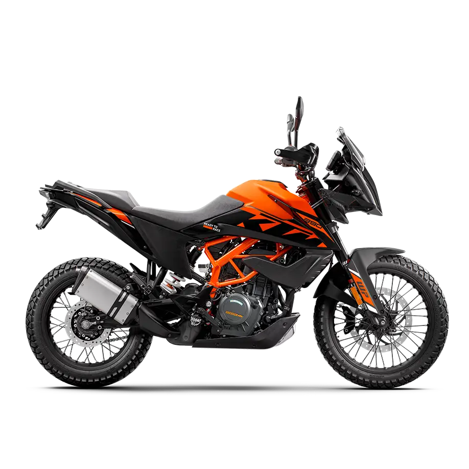 KTM 390 Adventure motorcycle in black and orange showcasing dual-sport design