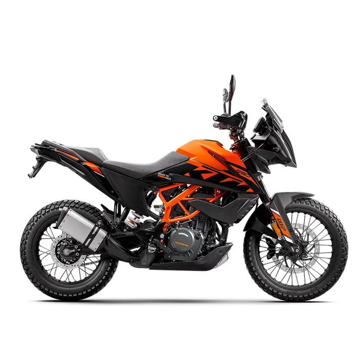 KTM 390 Adventure motorcycle in black and orange showcasing dual-sport design