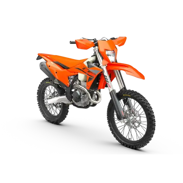 KTM 350 EXC-F 2025 orange enduro motorsykkel med svarte felger og styre