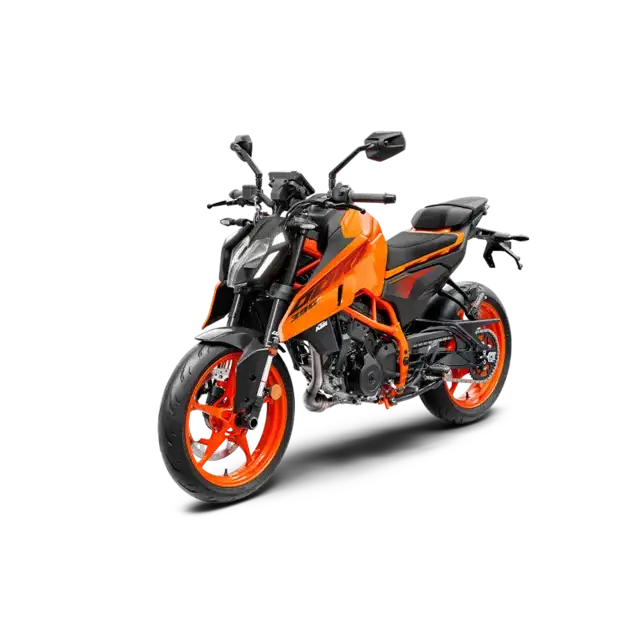 Svart og oransje KTM 390 Duke 2025 motorsykkel med sporty design