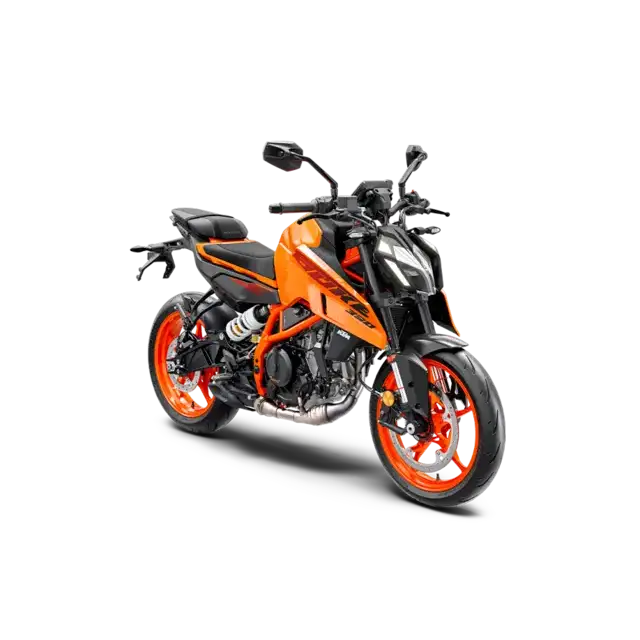 KTM 390 Duke 2025 orange motorsykkel med svarte accenter og sølvkomponenter