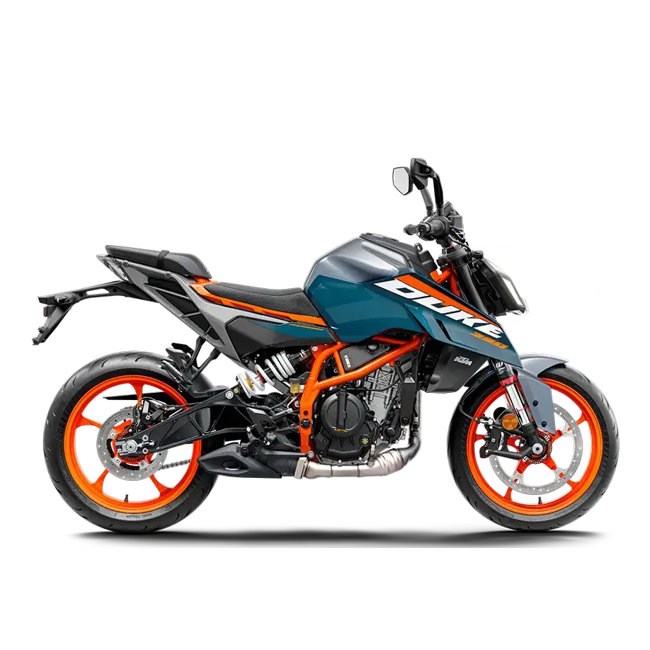 KTM 390 Duke 2025 motorsykkel med blå og oransje aksenter, sporty design