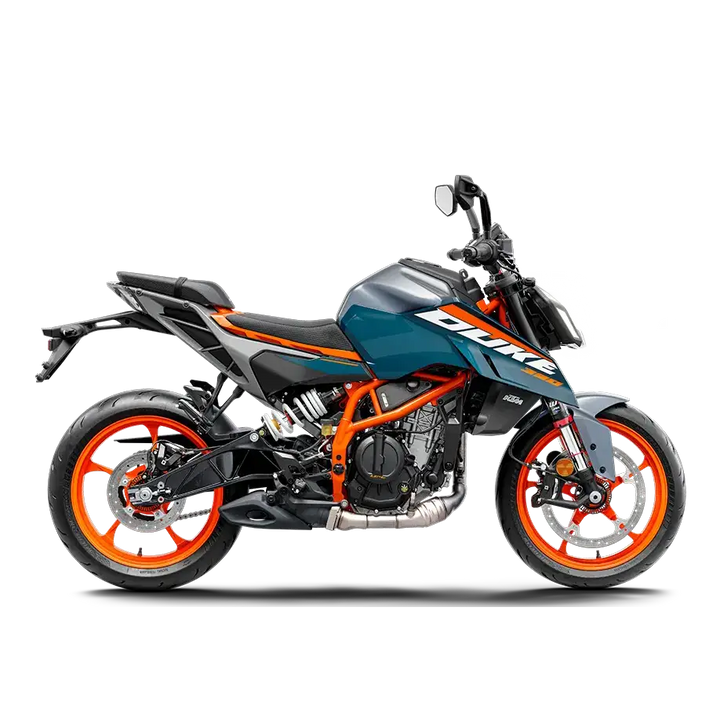 KTM 390 Duke 2025 motorsykkel med blå og oransje aksenter, sporty design