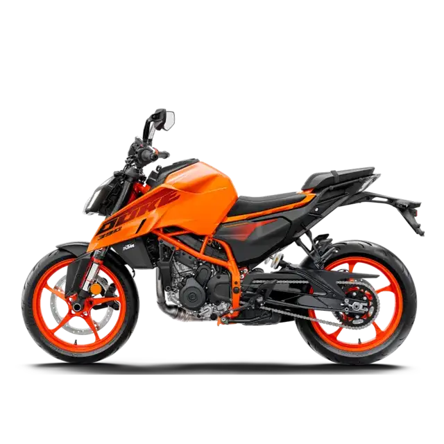 KTM 390 Duke 2025 orange sykkel med svarte accenter og røde felger