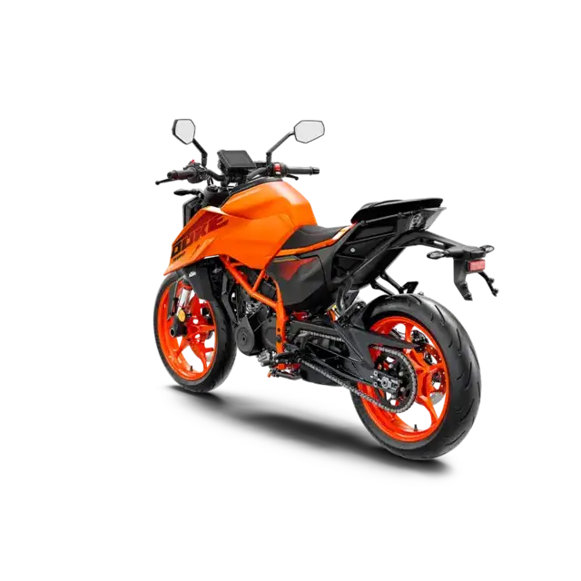 Orange KTM 390 Duke 2025 motorsykkel med svarte accenter og røde felger