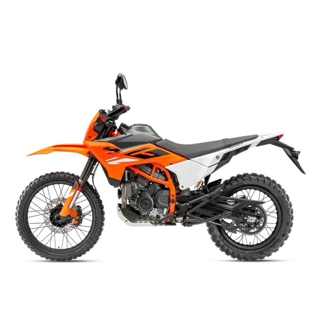 KTM 390 Enduro R 2025 orange og hvit dirt bike med svarte detaljer