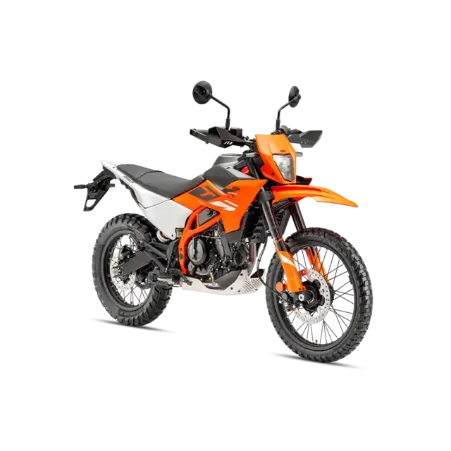 KTM 390 Enduro R 2025 orange dirt bike with black accents and white seat