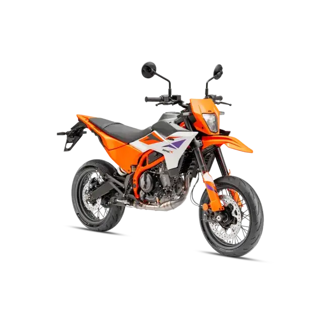 KTM 390 SMC R 2025-motorcycle i oransje og hvit med svarte detaljer