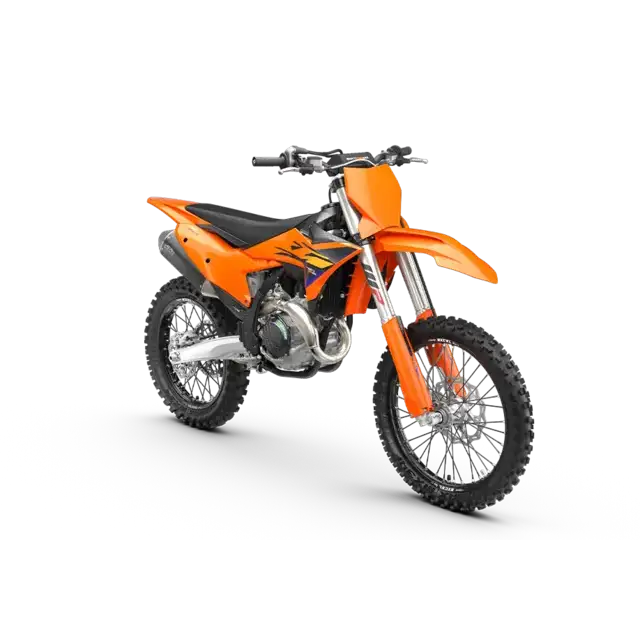 KTM 450 EXC-F 2026 orange dirt bike med svarte hjul og sølv detaljer