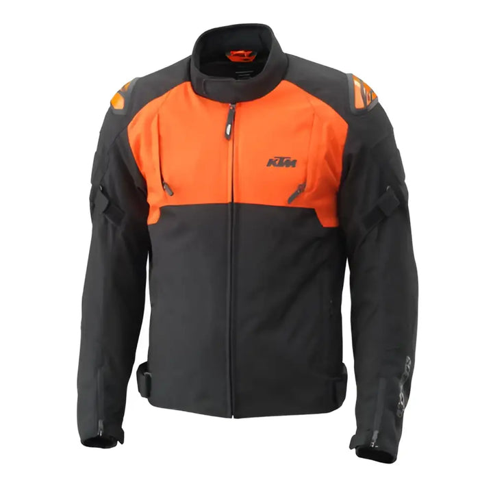 Motorcycle jacket in orange and black featuring KTM branding and Ekstra DFS Lite-Glide Beskyttelse