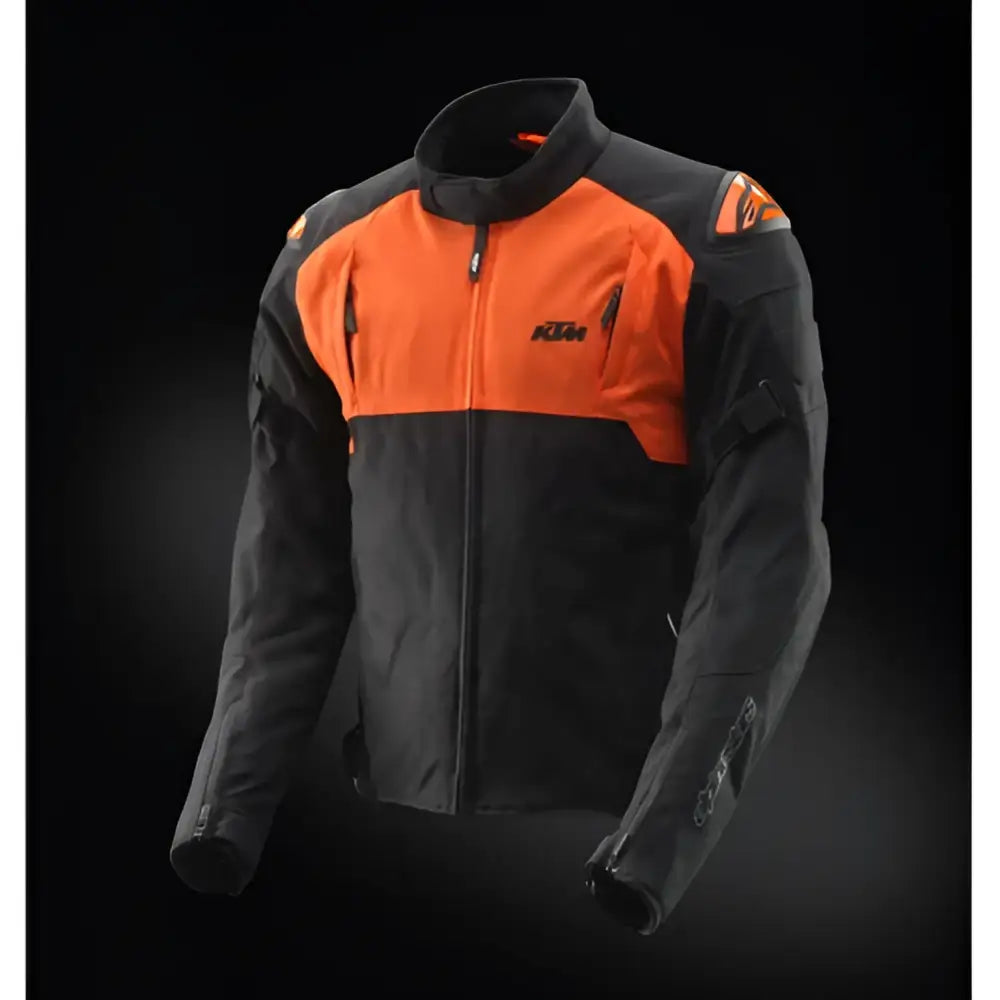 Motorcycle jacket in orange and black with KTM logo, featuring ekstra DFS Lite-Glide beskyttelse