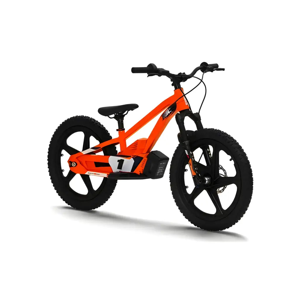 Orange KTM SX-E 1.20 Balansesykkel med svarte hjul og styre