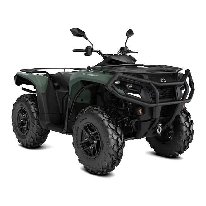 Mørk grønn og svart Can-Am Outlander 6x6 ATV med robuste dekk og beskyttende frontstøtfanger