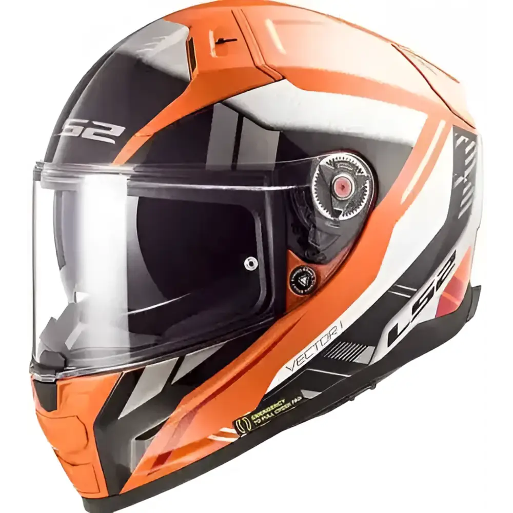 Motorcycle helmet with orange, black, and white design for leie hjelm i ulike størrelser