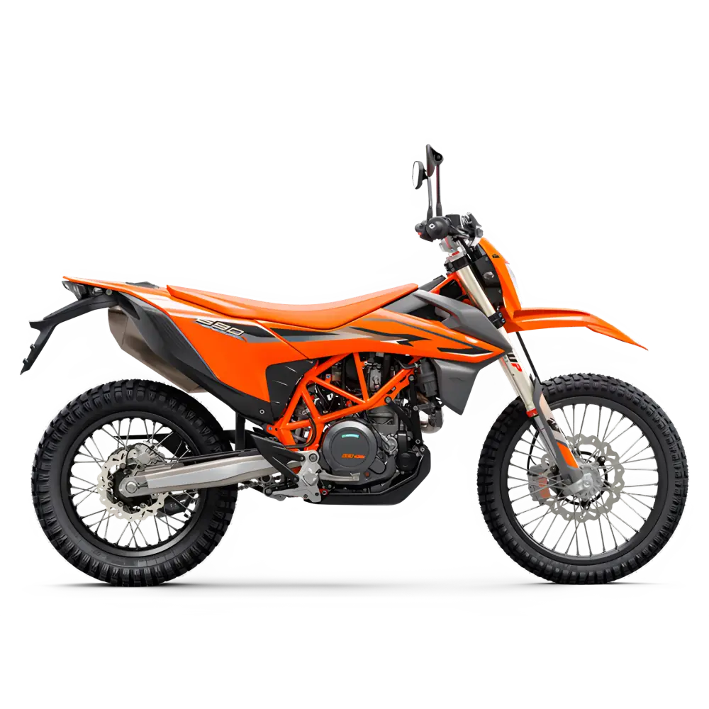 Orange and gray off-road motorcycle with knobby tires from Leks Motor Oslo AS for leie KTM