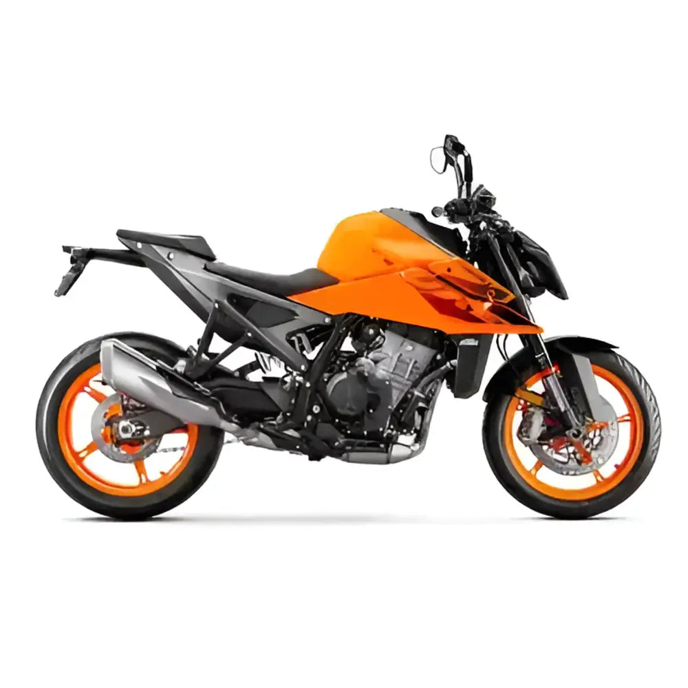 Sporty oransje og svart KTM 990 Duke hos Leks Motor Oslo, perfekt for å erobre veiene