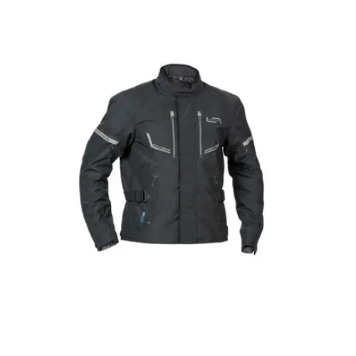 Black motorcycle jacket with reflective trim and pockets, Lindstrands Lomsen Jakke