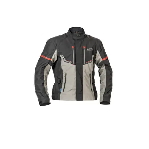 Motorcycle jacket featuring gray and black blocks with red accents, Lindstrands Lomsen Jakke