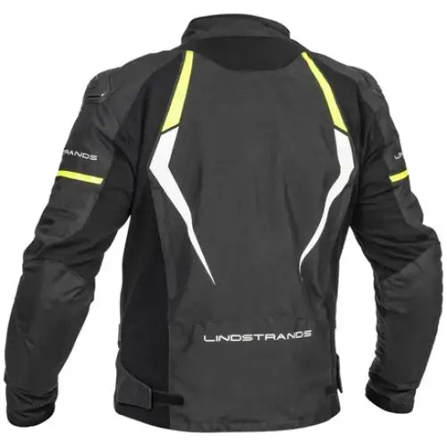 Motorcycle jacket with black, white, and neon yellow accents from Lindstrands Sandvik Jakke