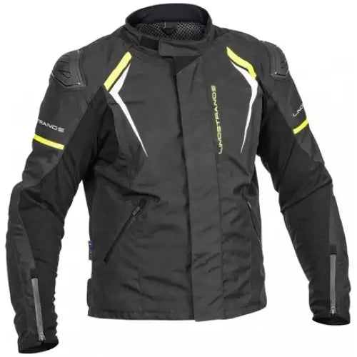 Motorcycle jacket in black, white, and neon yellow, Lindstrands Sandvik Jakke med Klassisk Design