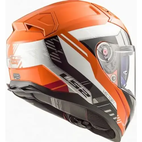 Orange and white LS2 Vector 2 motorcycle helmet showcasing clear visor for safety