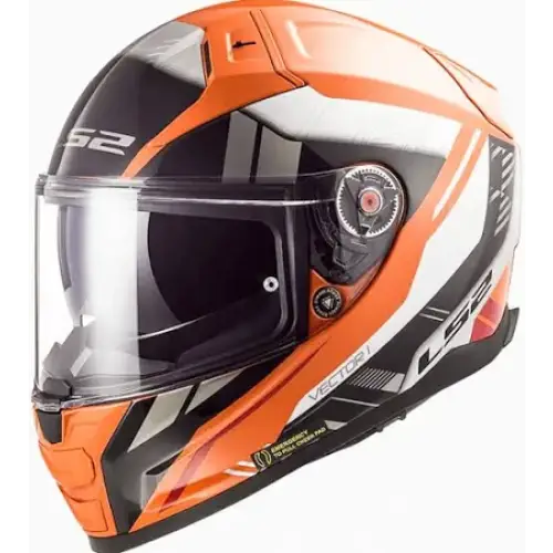 Motorcycle helmet LS2 Vector 2 in orange, black, and white design with clear visor