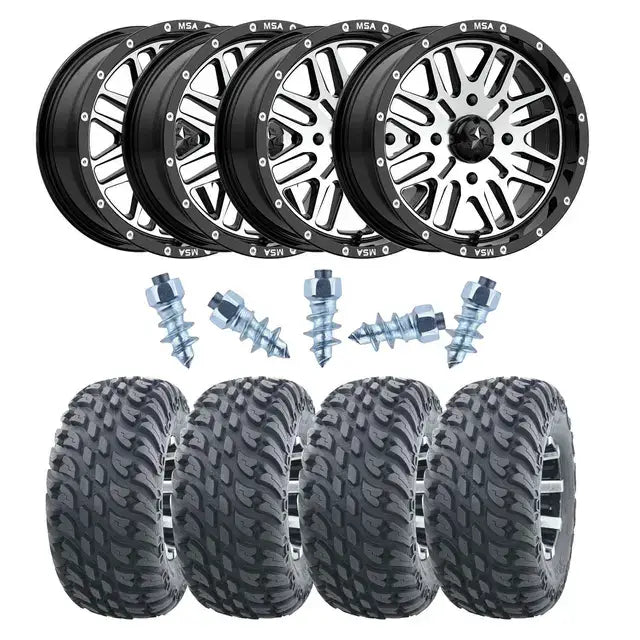 Svarte og sølvmessede MSA off-road hjul med aggressive dekk for Can-Am 4x4 28/14 tommer