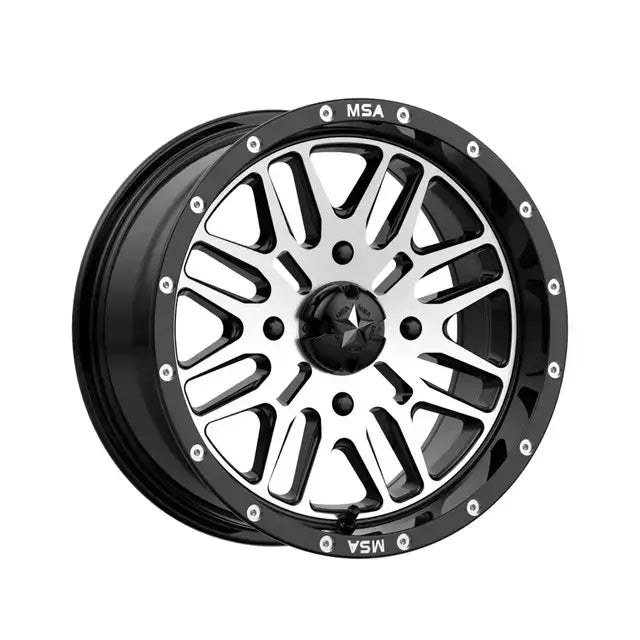 Svart og krom MSA-hjul med stjerneemblem i sentrum, Pigghjulpakke 90 Can-Am 4x4 28/14 tommer