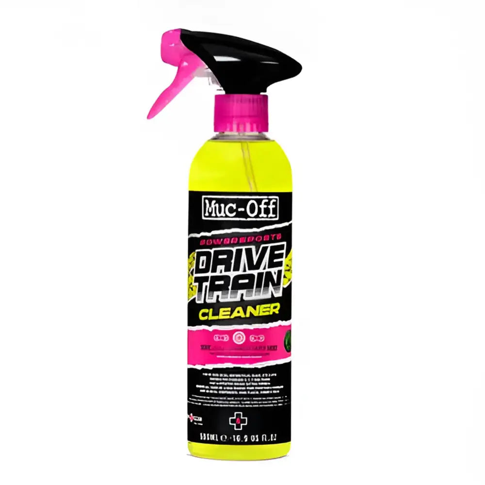 Sprayflaske av Muc-Off Powersports Drive Train Cleaner med gul væske for optimal motorsykkel