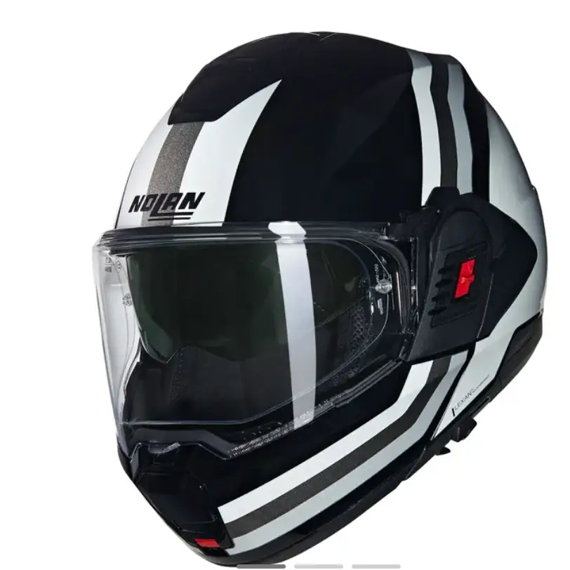 Nolan N120-1 innovativ flip-up motorsykkelhjelm med svart-hvite striper og klar visir