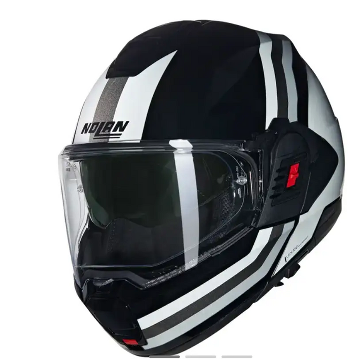 Nolan N120-1 innovativ flip-up motorsykkelhjelm med svart-hvite striper og klar visir