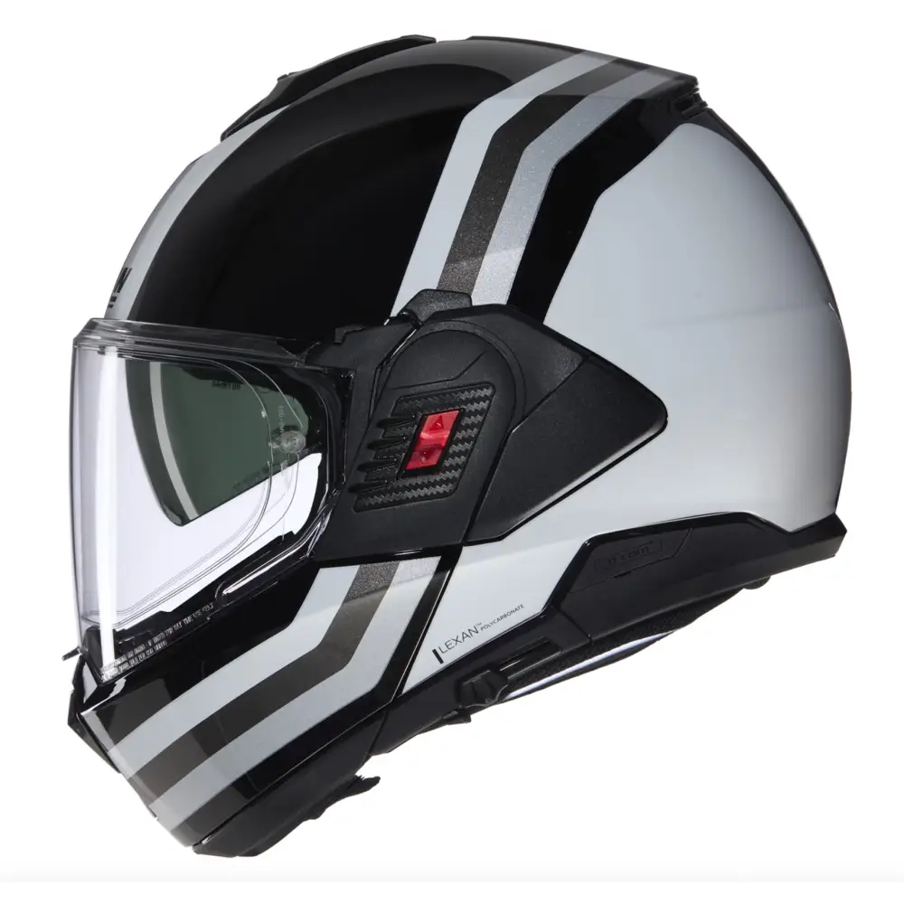 Sølv og svart modulær LS2 motorsykkelhjelm med klar visir, Nolan N120-1 Innovativ flip-up