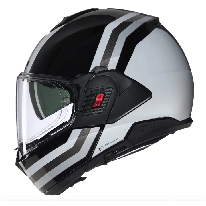 Sølv og svart modulær LS2 motorsykkelhjelm med klar visir, Nolan N120-1 Innovativ flip-up