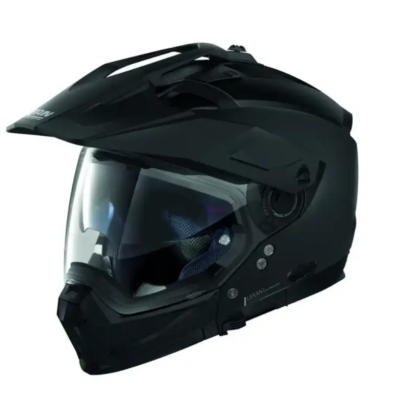 Matte svart Nolans N70 X offroadhjelm med flip-up visir og integrert solskjerm