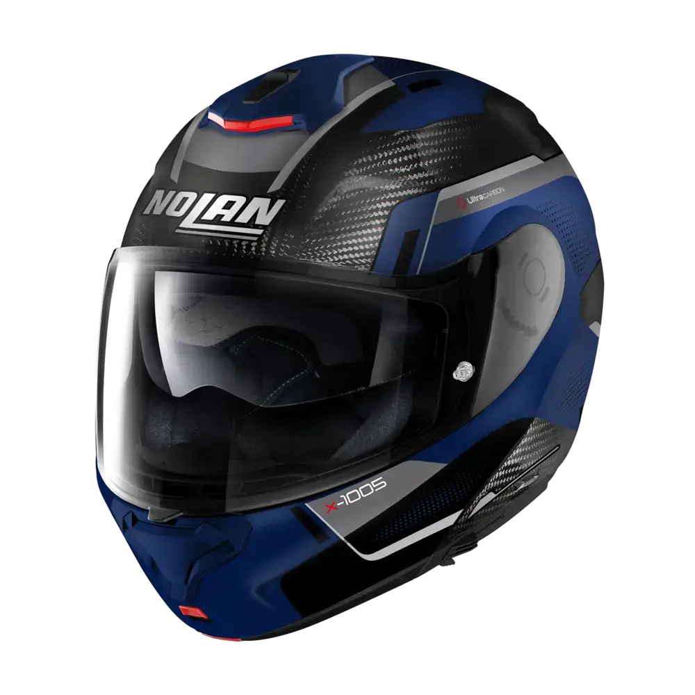 Motorcycle helmet featuring blue, black, and red design, Nolans X-1005 modulær hjelm