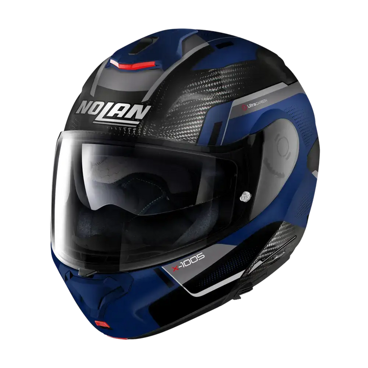 Motorcycle helmet featuring blue, black, and red design, Nolans X-1005 modulær hjelm