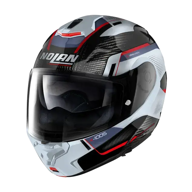 Motorcycle helmet with sleek black, white, and red design, Nolans X-1005 modulær hjelm