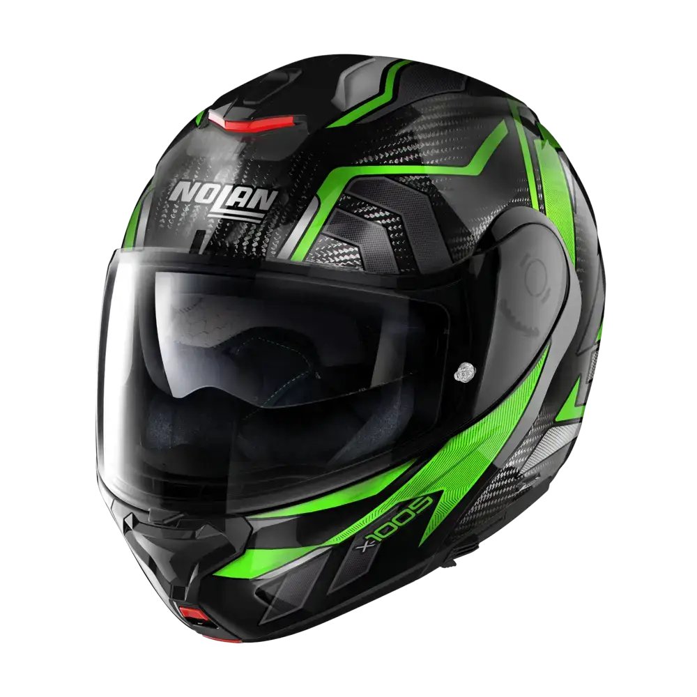 Motorcycle helmet with black and green geometric design, Nolans X-1005 toppmoderne modulær hjelm