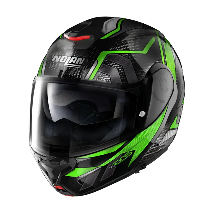 Motorcycle helmet with black and green geometric design, Nolans X-1005 toppmoderne modulær hjelm